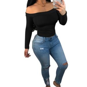 Long Sleeve Off The Shoulder Black Crop Top